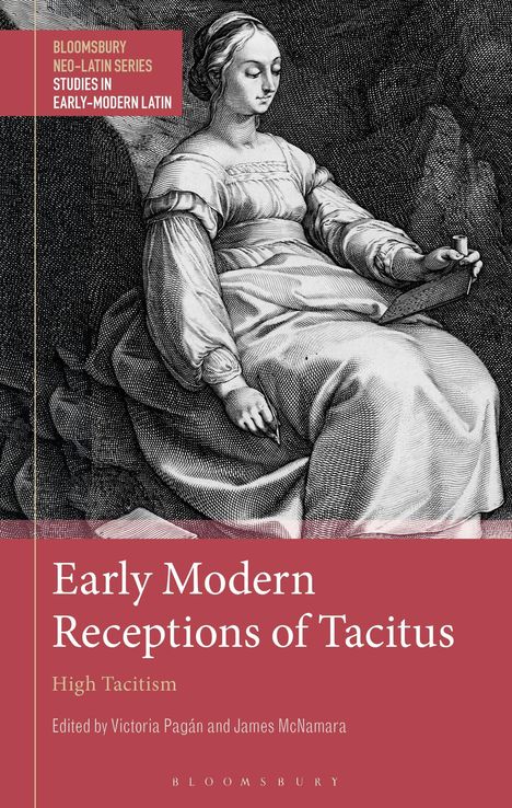 "Early Modern Receptions of Tacitus" auf rotem Hintergrund, darunter eine sitzende Frau in historischer Kleidung, Illustration.