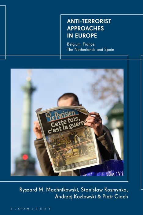 Ein Mann liest "Le Parisien" mit der Schlagzeile "Cette fois, c'est la guerre". Im Hintergrund verschwommene Säule.