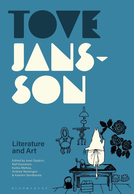 Großer Text: "TOVE JANSSON". Darunter "Literature and Art". Ein Wesen mit Schwanz malt Blumen neben Möbeln. Minimalistischer Stil.