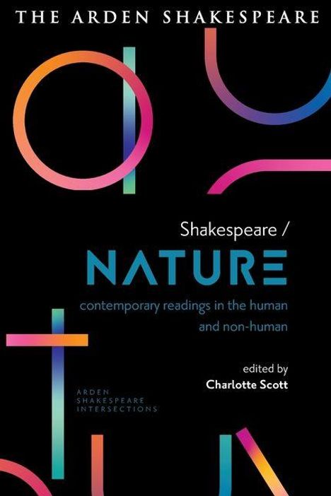 "Shakespeare / NATURE" in blau, bearbeitet von Charlotte Scott. Farbige geometrische Formen auf schwarzem Hintergrund.