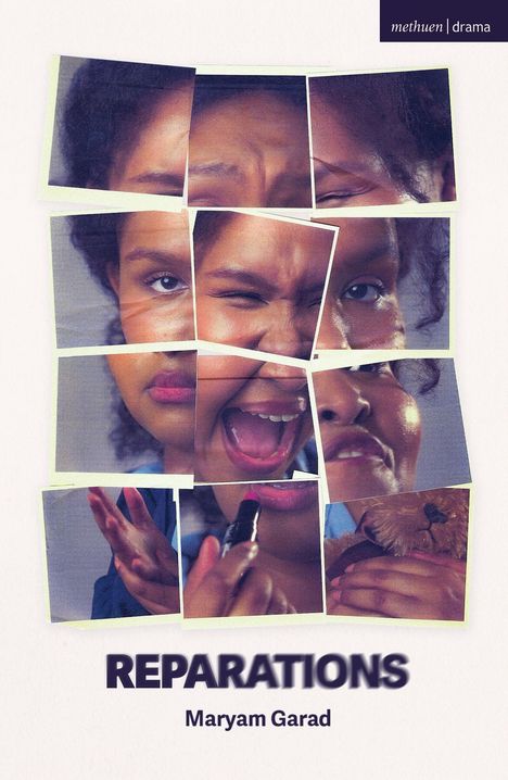 „REPARATIONS“ und „Maryam Garad“ in Weiß auf Blau. Collage von Gesichtsausdrücken, teils Lippenstift und Teddy.