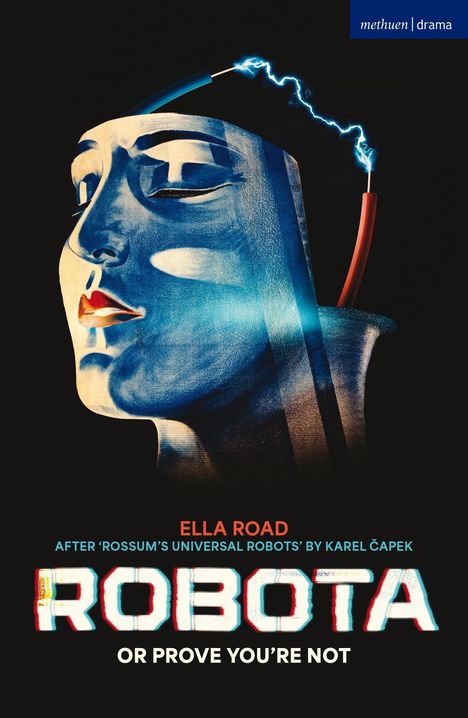 "Ella Road, Robota", Illustration eines blauen Gesichts mit Lichtbogen, minimalistisch und futuristisch.