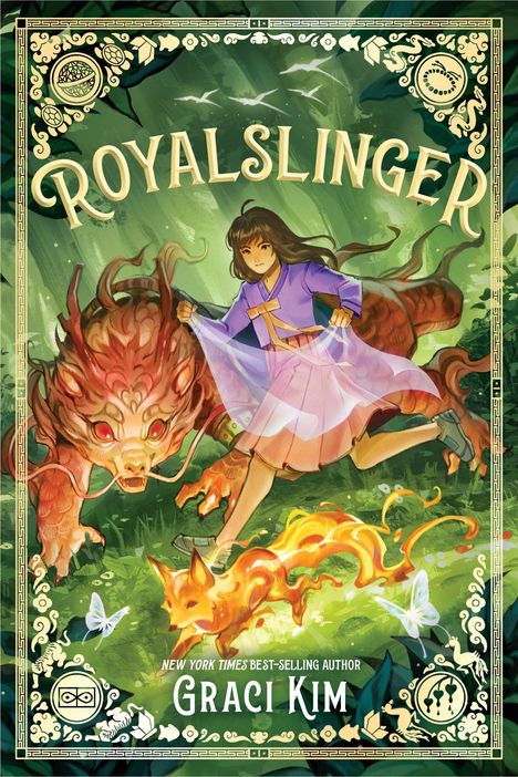 "Royalslinger" und "Graci Kim". Illustration zeigt ein Mädchen mit langem Haar, begleitet von einem roten Drachen und einem leuchtenden Fuchs.