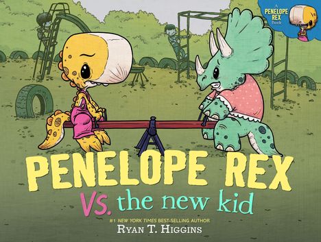 Penelope Rex vs. the new kid. Zwei Dinosaurier auf einer Wippe, ein Spielplatz im Hintergrund. Eine Illustration.