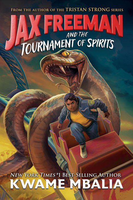 "Jax Freeman and the Tournament of Spirits" zeigt ein Kind in Kampfpose auf einer Achterbahn, verfolgt von einer riesigen Schlange.