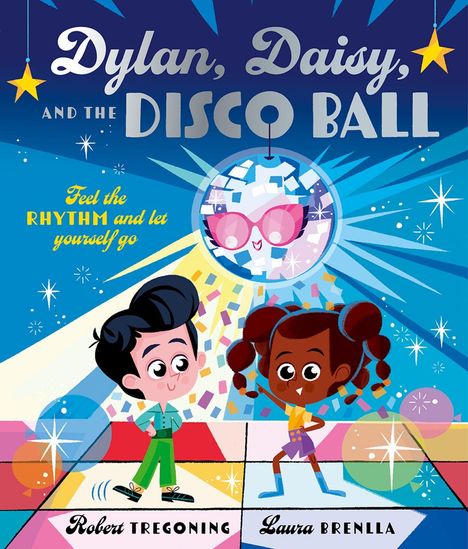 "Dylan, Daisy, and the Disco Ball" steht oben. Darunter tanzen ein Junge und ein Mädchen vor einer lächelnden Discokugel.