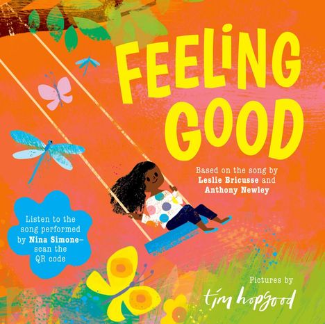"FEELING GOOD" in gelber Schrift, darunter ein Mädchen auf einer Schaukel in bunter Umgebung mit Schmetterlingen.