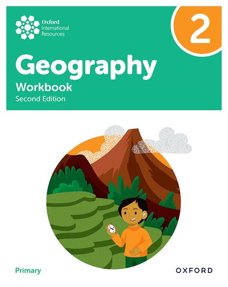 „Geography Workbook Second Edition“ steht oben. Illustration: Kind hält Globus vor Bergen und Pflanzen, Label „Primary“.