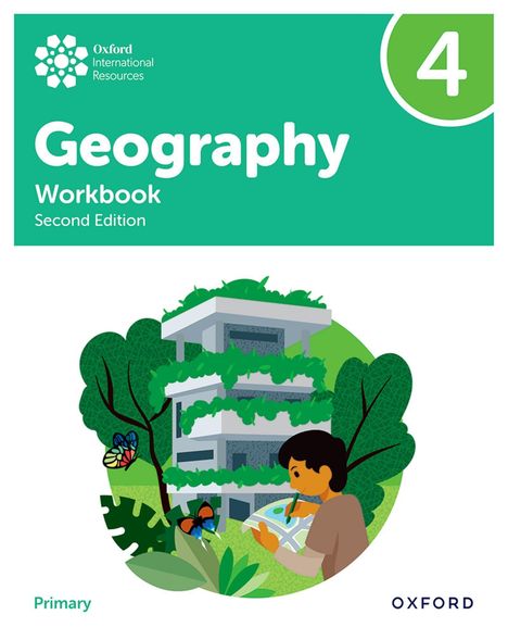"Geography Workbook Second Edition, Primary." Grünes Logo und Zahl 4. Illustration: Kind malt vor begrüntem Gebäude mit Schmetterlingen.