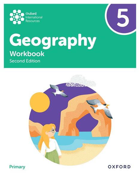 "Geography Workbook, Second Edition." Illustration: Mädchen, Küste, Felsen, Vögel, gelbe Sonne.