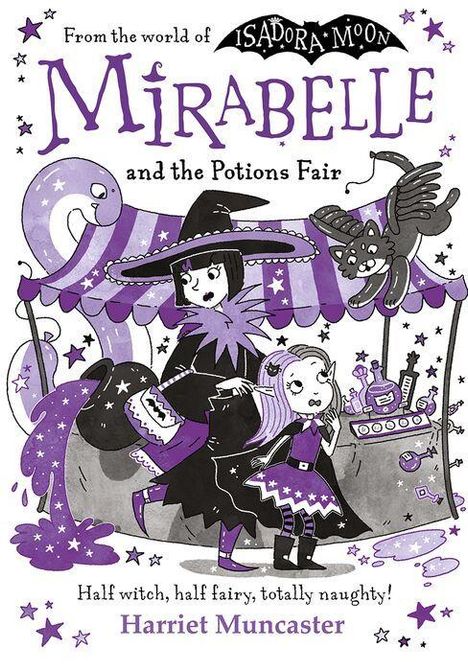 „Mirabelle and the Potions Fair“: Illustration zweier Mädchen, eins in Hexenkostüm, umgeben von Zaubertränken und Sternen.