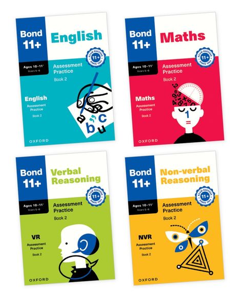 Vier Buchcover zu "Bond 11+ Assessment Practice Book 2" für English, Maths, Verbal und Non-verbal Reasoning.
