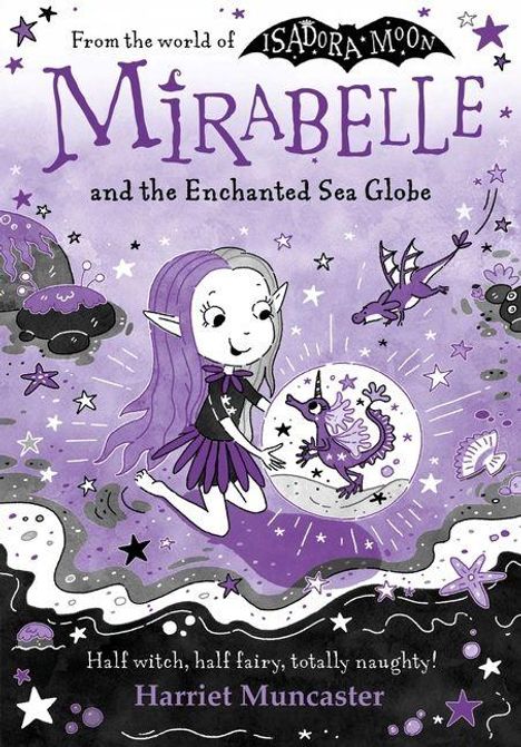 „Mirabelle and the Enchanted Sea Globe“ – Ein Mädchen mit lila Haaren und Flügeln hält einen leuchtenden Globus. Märchenhafte Szene.
