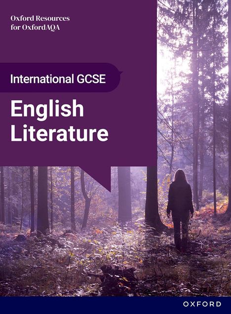 Text: "International GCSE English Literature". Eine Person steht in einem lila beleuchteten Wald mit Bäumen und Pflanzen.