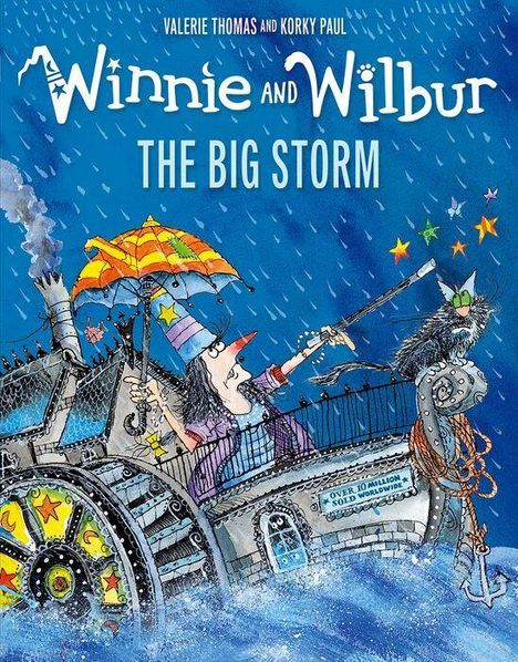 "Winnie and Wilbur: The Big Storm". Illustration einer Hexe mit Regenschirm und Katze auf einem dampfenden Schiff im Regen.