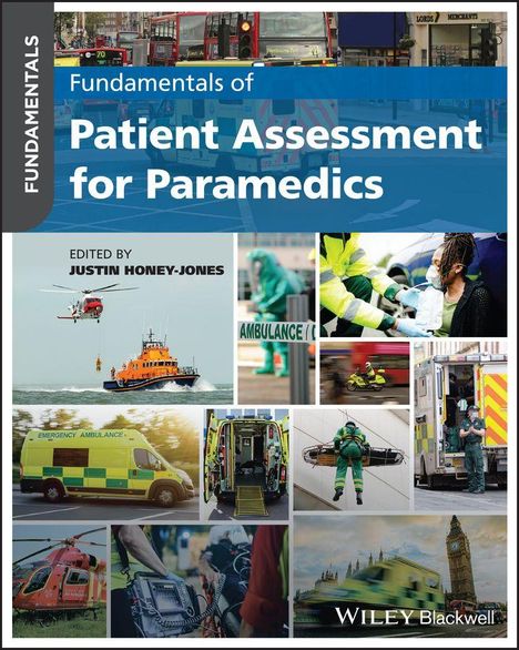 "Fundamentals of Patient Assessment for Paramedics" oben. Bilder von Einsatzfahrzeugen und Rettungsszenen.