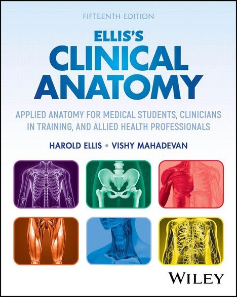 Text oben: "Fifteenth Edition; Ellis’s Clinical Anatomy." 
Darunter anatomische Illustrationen des menschlichen Körpers in Kästchen.
