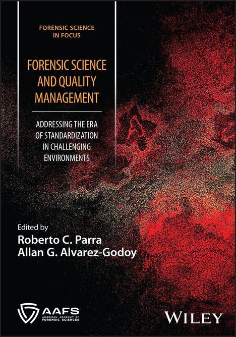 "FOR. SCIENCE IN FOCUS" oben, "FORENS. SCIENCE AND QUALITY MANAGEMENT" mittig, rotes abstraktes Muster, Logos darunter.