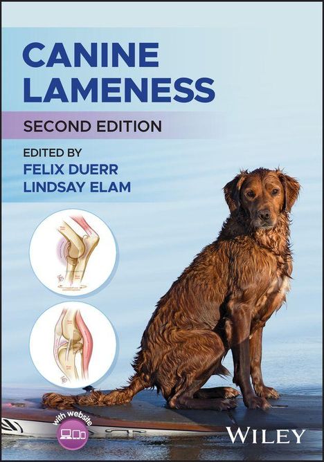 "CANINE LAMENESS, SECOND EDITION, EDITED BY FELIX DUERR, LINDSAY ELAM." Ein nasser Hund steht auf einem Surfbrett.