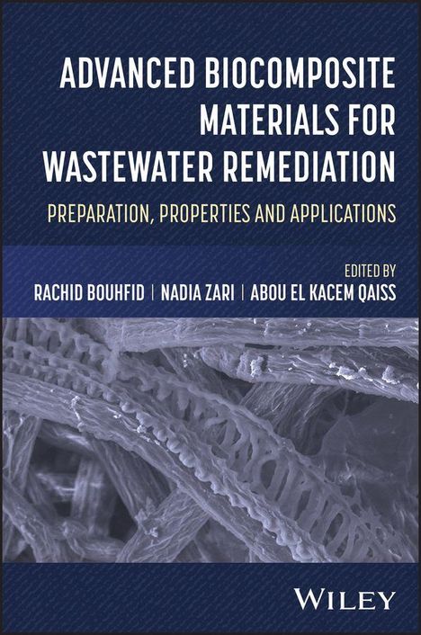 "Advanced Biocomposite Materials for Wastewater Remediation" ist der Haupttitel. Blaue Töne mit biokompositorischem Muster.