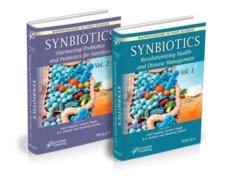 Zwei Buchcover: "SYNBIOTICS", Vol. 1 und 2, zeigen bunte Mikroorganismen, verlegt von Wiley.