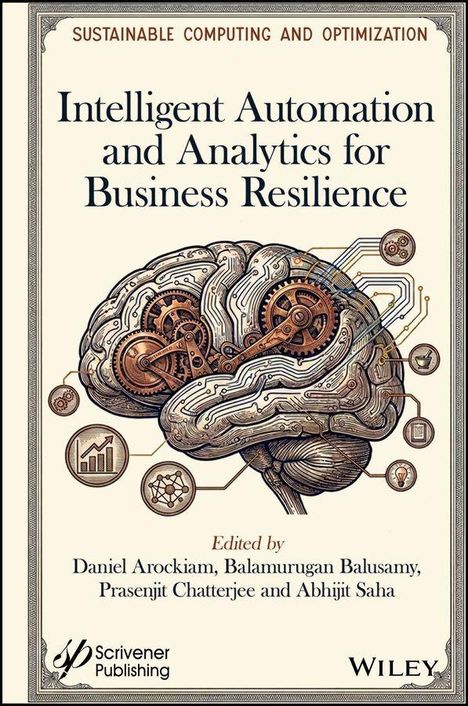 Text: "Intelligent Automation and Analytics for Business Resilience." Illustration: Gehirn mit Zahnrädern und Schaltkreisen.