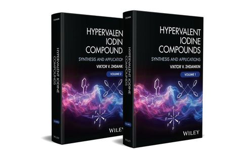 Zwei schwarze Buchcover mit dem Titel "Hypervalent Iodine Compounds", darunter chemische Strukturen und farbige Wellen.