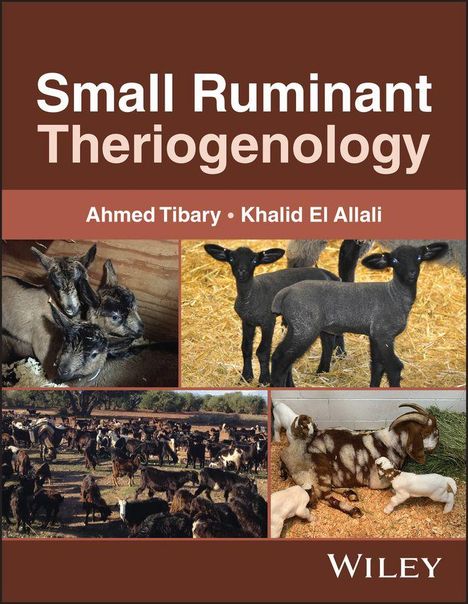 Text: "Small Ruminant Theriogenology" von Ahmed Tibary, Khalid El Allali; unten links Ziegen.
