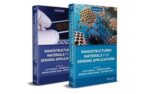 Zwei Buchdeckel: "Nanostructured Materials for Sensing Applications", Bände 1 und 2, jeweils mit Titelbild.