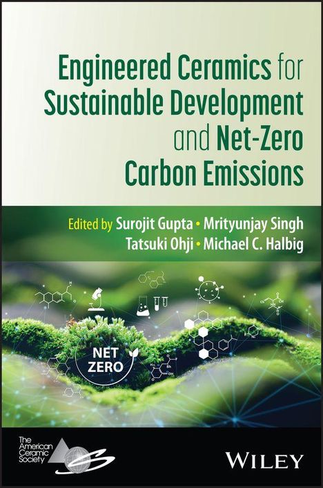 "Engineered Ceramics for Sustainable Development and Net-Zero Carbon Emissions" in Grün, Bild von Moos mit Chemie-Symbolen.