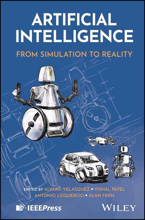 "ARTIFICIAL INTELLIGENCE: FROM SIMULATION TO REALITY" in Weiß und Orange. Illustration von Roboter, Auto und Drohne.