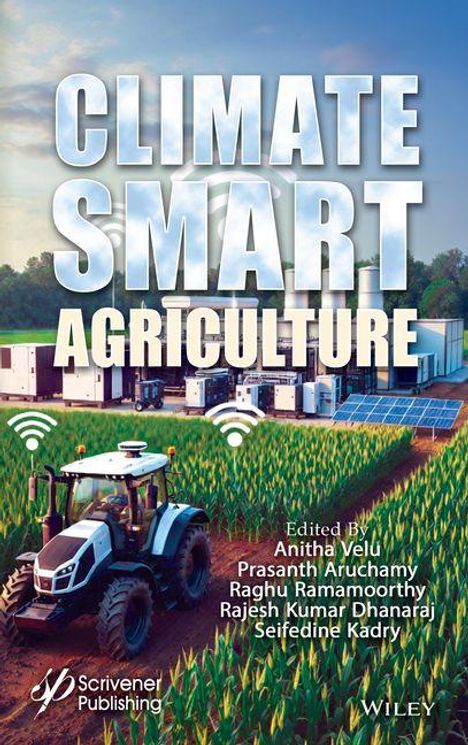 "CLIMATE SMART AGRICULTURE" steht groß, mit Autoren darunter. Ein Traktor fährt auf einem Feld mit Solaranlagen.