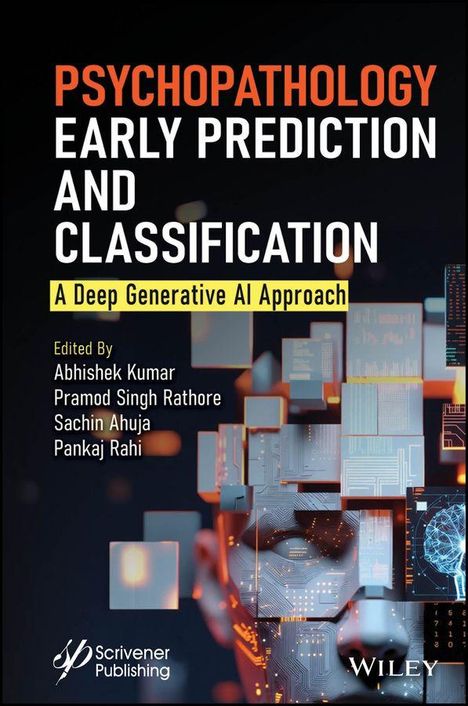 "PSYCHOPATHOLOGY EARLY PREDICTION AND CLASSIFICATION" auf dunklem Hintergrund mit Tech-Grafiken, Gesichtsabbildung.