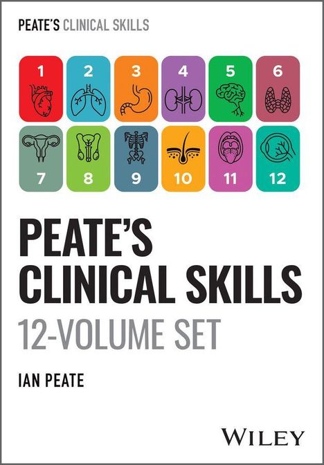 "PEATE'S CLINICAL SKILLS", "PEATE'S BODY SYSTEMS", "12-VOLUME SET", "IAN PEATE". Bunte Symbole für Körpersysteme.