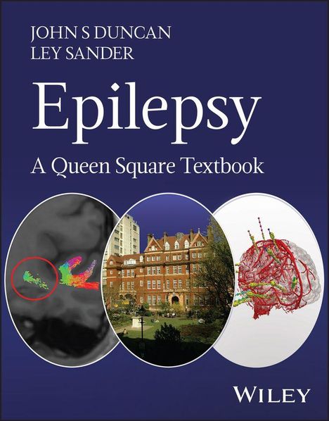 "John S Duncan, Ley Sander, Epilepsy: A Queen Square Textbook" steht oben. Logos: Gebäude, Hirnscan, wissenschaftliche Abbildung.