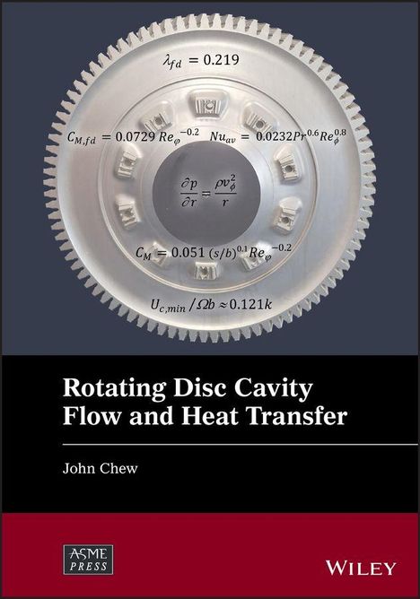 Texte: λ_fd = 0.219, CM,fd = 0.0729 Re_φ^−0.2, Nu_av = 0.0232 Pr^0.6 Re_φ^0.8. 

Buchcover: "Rotating Disc Cavity Flow and Heat Transfer" von John Chew.
