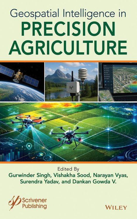 "Geospatial Intelligence in Precision Agriculture" oben. Bilder: Satellit, Sensoren, Drohnen über Feldern. Herausgeber unten.