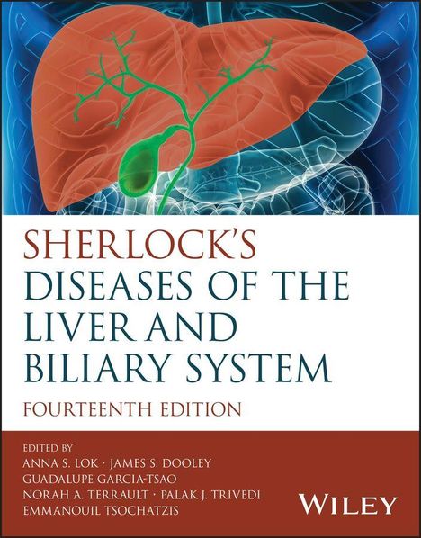 Text: "Sherlock's Diseases of the Liver and Biliary System. Fourteenth Edition." Hintergrund: Illustration einer Leber.