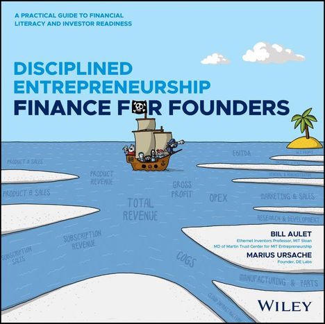 „Disciplined Entrepreneurship Finance for Founders“, Piratenschiff auf See mit Eisbergen, blaue und schwarze Schrift.
