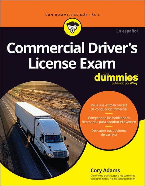 „Commercial Driver's License Exam“. Illustration eines LKWs auf einer Straße bei Sonnenuntergang.