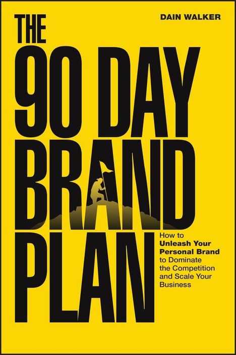 „The 90 Day Brand Plan“ in großen Buchstaben, darunter erklärt, wie man die persönliche Marke stärkt. Gelber Hintergrund.