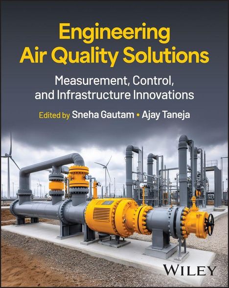 "Engineering Air Quality Solutions" mit Industrieanlagen im Hintergrund, Ventilatoren und Windturbinen sichtbar.