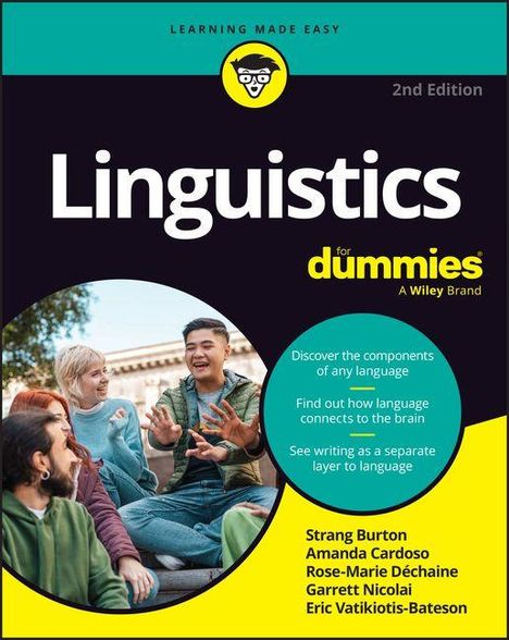 Ein Buchcover mit dem Text "Linguistics for dummies", dazu ein Foto von lachenden, sprechenden Menschen.