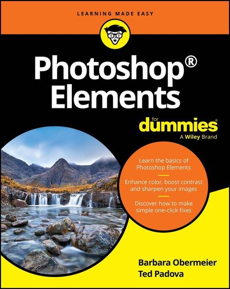 "Photoshop Elements for dummies" oben, Text auf orangenen Kreis. Wasserfall in Berglandschaft, Logo mit Brille und Haaren.