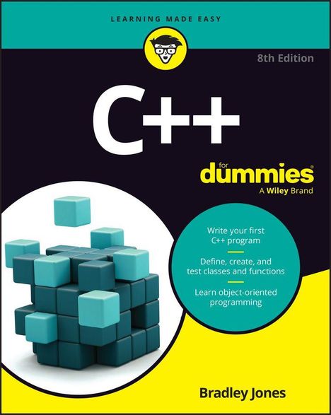 "C++ for dummies, 8th Edition." Gelbes Logo und 3D-Würfel. "Learning Made Easy." Autor: Bradley Jones.