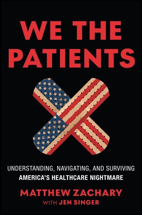 "WE THE PATIENTS" steht oben. Zwei Pflaster in amerikanischen Flaggenfarben überkreuzt auf schwarzem Hintergrund.