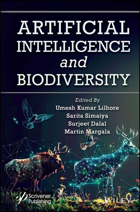 "ARTIFICIAL INTELLIGENCE and BIODIVERSITY; Editors: Umesh Kumar Lilhore, Sarita Simaiya, Surjeet Dalal, Martin Margala; Illustration von Tieren und geometrischen Formen."