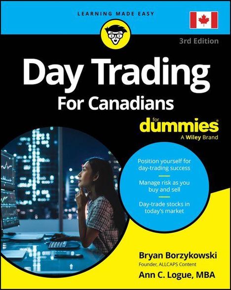 "Day Trading For Canadians for dummies." Ein Coverbild zeigt eine Person am Computer, Hintergrund städtisch bei Nacht.