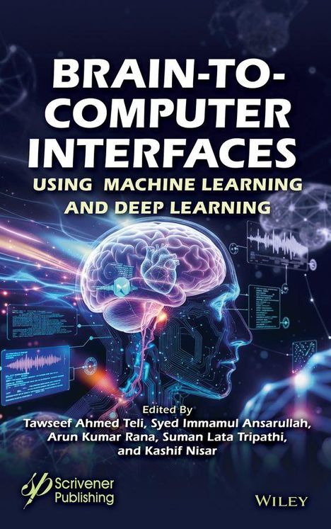 Text: "Brain to Computer Interfaces Using Machine Learning and Deep Learning." Ein menschliches Gehirn mit digitalen Verbindungen.