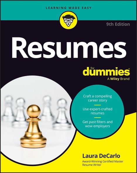Im Zentrum steht "Resumes for dummies". Schachfiguren-Illustration darunter. Linksheller Hintergrund.